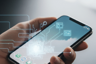 Hand holding an iPhone overlaid with blueprint lines and technical SEO icons illustrating optimization
